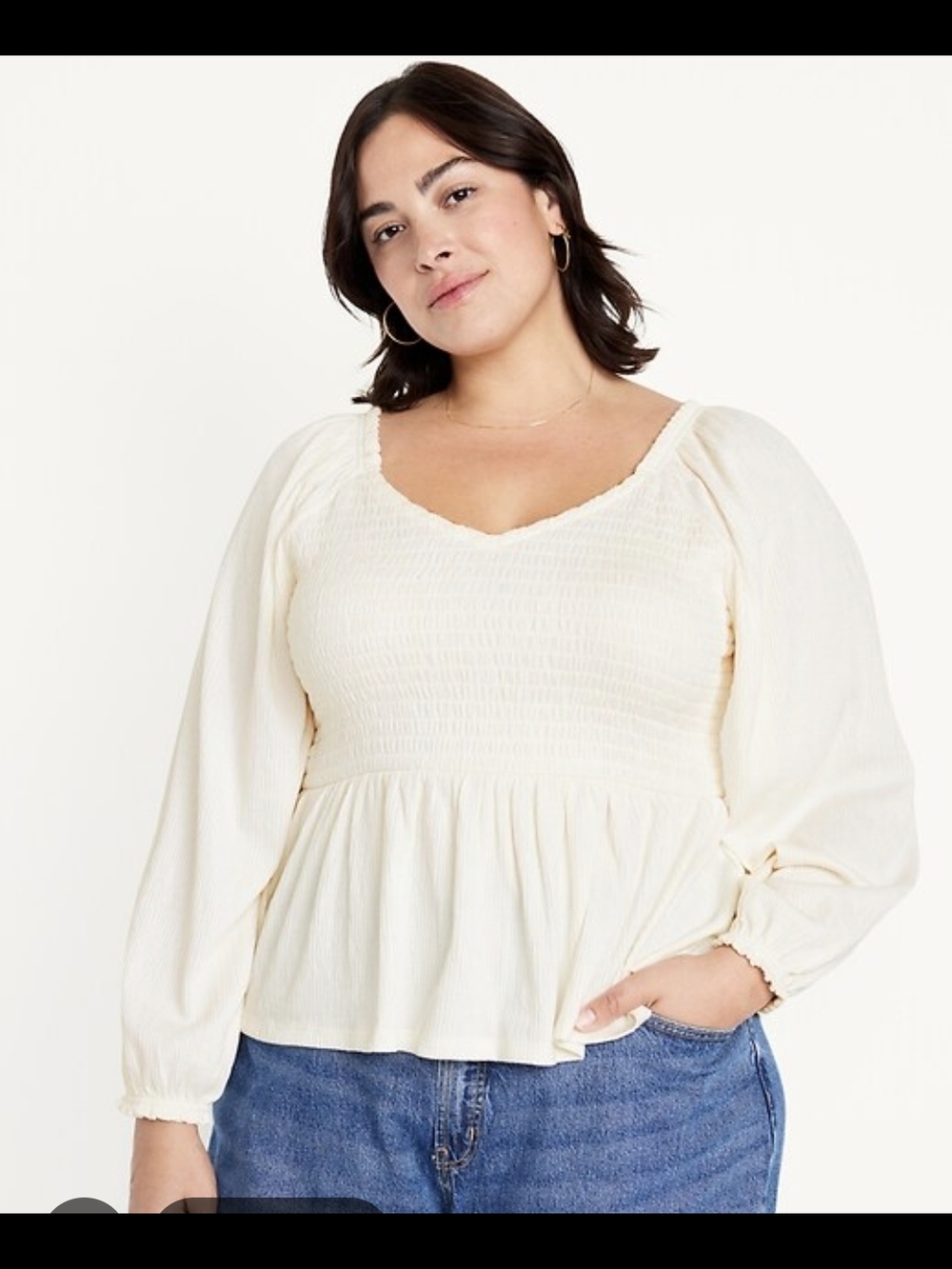 Old Navy Cream Smocked Peplum Blouse with Puff Sleeves